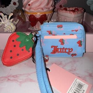 Juicy Couture Light Blue Strawberry Card Case with Red Strawberry Coin Pouch